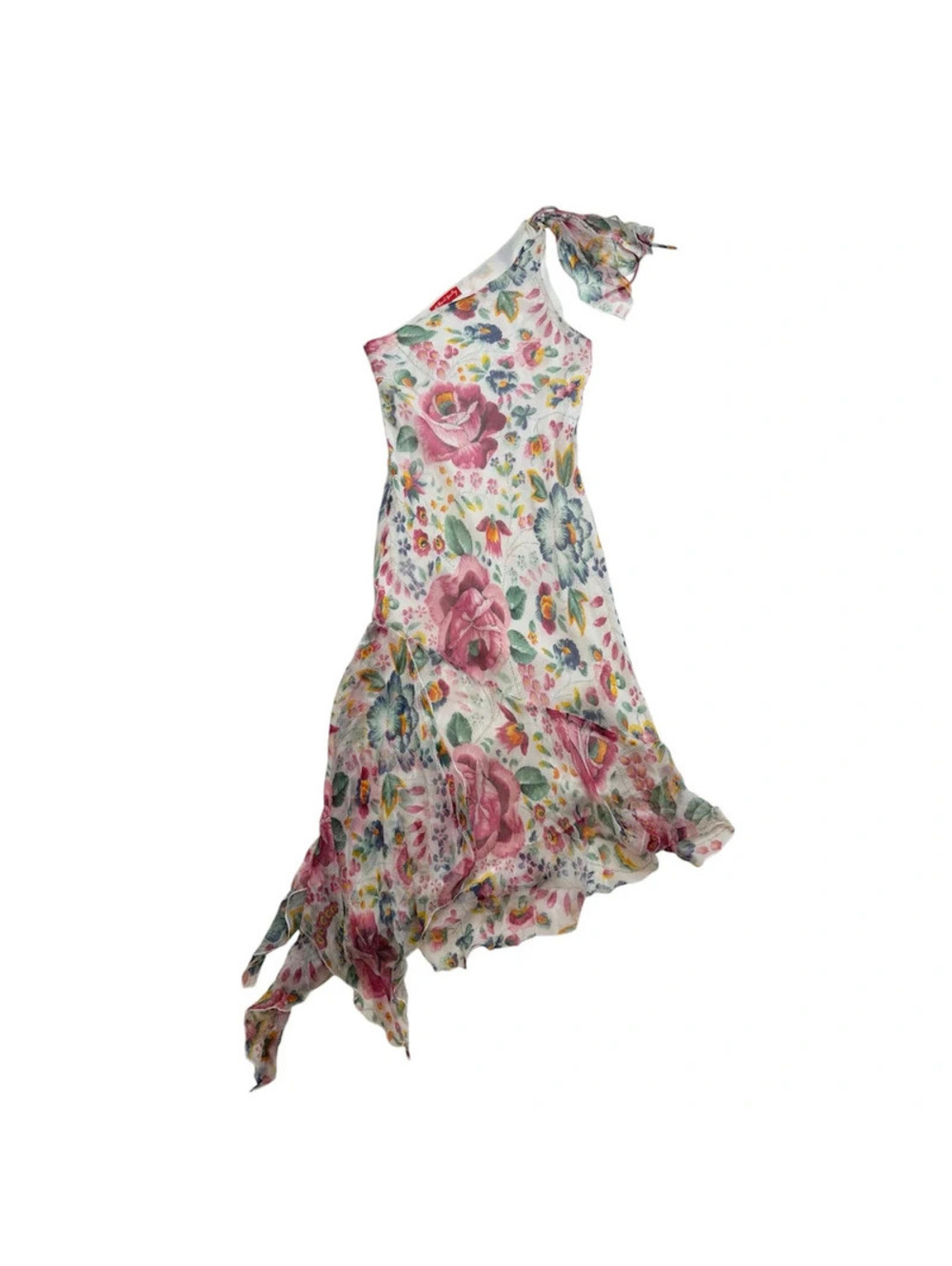 René Derhy Y2K Floral Chiffon One Shoulder Dress Handkerchief Hem